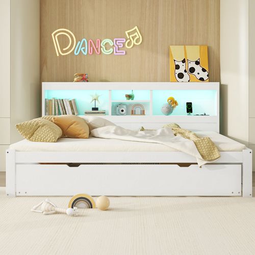 Lit 140x200 Cm 2 Places Avec Lit Gigogne, LED D’ambiance, Prises USB Et Rangements, Blanc