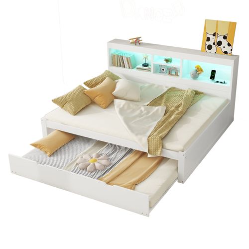Lit 140x200 Cm 2 Places Avec Lit Gigogne, LED D’ambiance, Prises USB Et Rangements, Blanc