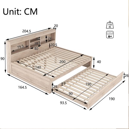Lit 140x200 Cm 2 Places Avec Lit Gigogne Aspect Bois, LED D’ambiance, Prises USB Et Rangements