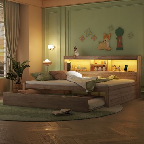 Lit 140x200 Cm 2 Places Avec Lit Gigogne Aspect Bois, LED D’ambiance, Prises USB Et Rangements