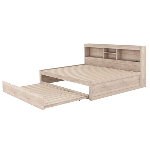 Lit 140x200 Cm 2 Places Avec Lit Gigogne Aspect Bois, LED D’ambiance, Prises USB Et Rangements