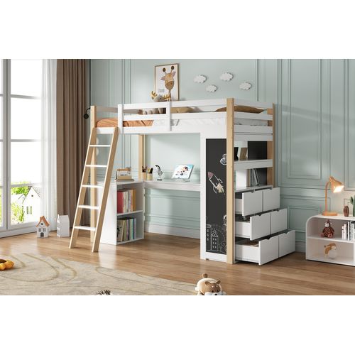 Lit Mezzanine Enfant 90x200 Cm Avec Bureau Intégré Et Rangements, 6 Tiroirs, Bois Naturel Et Blanc