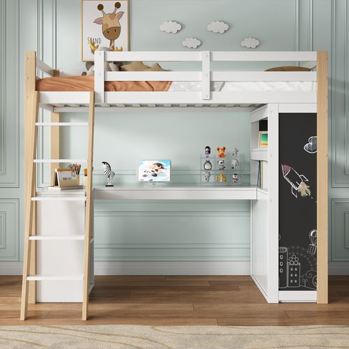 Lit Mezzanine Enfant 90x200 Cm Avec Bureau Intégré Et Rangements, 6 Tiroirs, Bois Naturel Et Blanc
