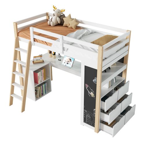 Lit Mezzanine Enfant 90x200 Cm Avec Bureau Intégré Et Rangements, 6 Tiroirs, Bois Naturel Et Blanc