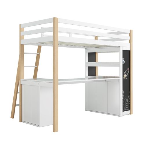Lit Mezzanine Enfant 90x200 Cm Avec Bureau Intégré Et Rangements, 6 Tiroirs, Bois Naturel Et Blanc