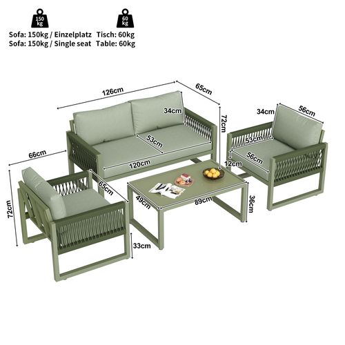 Salon De Jardin 4 Pièces Vert Avec Canapé 2 Places, 2 Fauteuils Et Table En Métal, Pour 4 Personnes