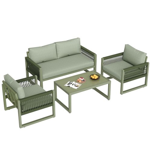 Salon De Jardin 4 Pièces Vert Avec Canapé 2 Places, 2 Fauteuils Et Table En Métal, Pour 4 Personnes