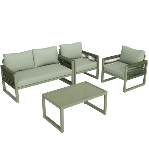 Salon De Jardin 4 Pièces Vert Avec Canapé 2 Places, 2 Fauteuils Et Table En Métal, Pour 4 Personnes