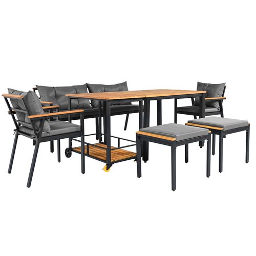 Salon De Jardin Table Et Chaises 6 Places Avec Desserte, Bois Et Tissu Gris/noir