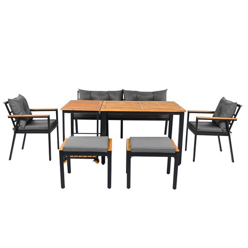 Salon De Jardin Table Et Chaises 6 Places Avec Desserte, Bois Et Tissu Gris/noir