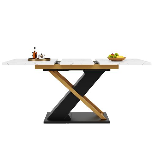 Table à Manger Extensible 120-160 Cm, Plateau Effet Marbre, Pieds Métal Doré Et Noir