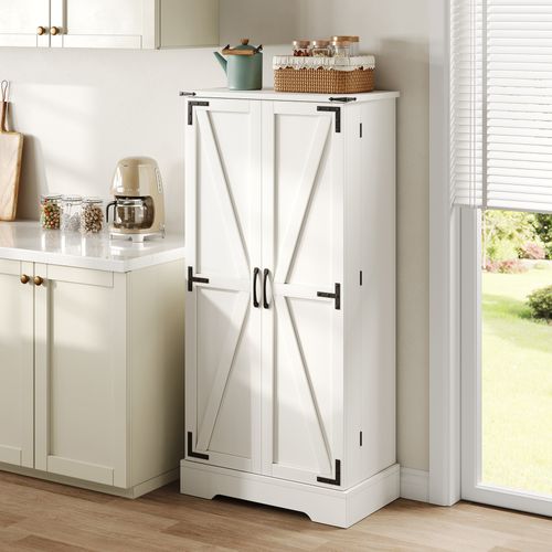 Buffet De Cuisine Blanc LED Haut 128.5cm – 2 Portes Battantes, Étagères Réglables