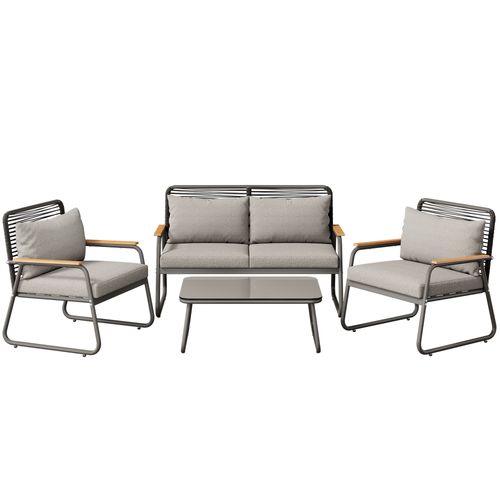 Salon De Jardin 4 Places Gris En Métal Avec Coussins, Table En Verre Trempé