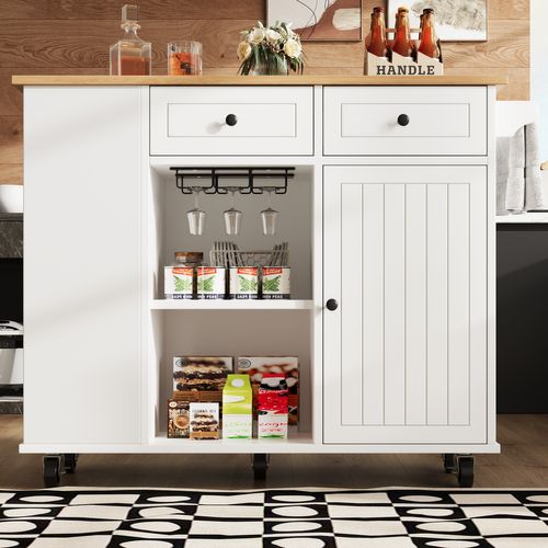 Desserte De Cuisine à Roulette Blanc Métal, Plateau Effet Bois, Avec Porte‑verres Et Rangements