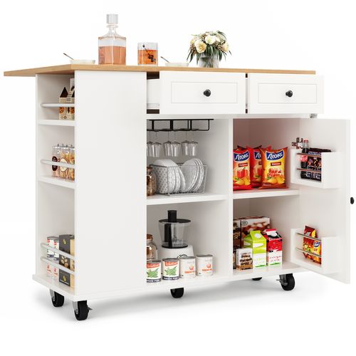 Desserte De Cuisine à Roulette Blanc Métal, Plateau Effet Bois, Avec Porte‑verres Et Rangements