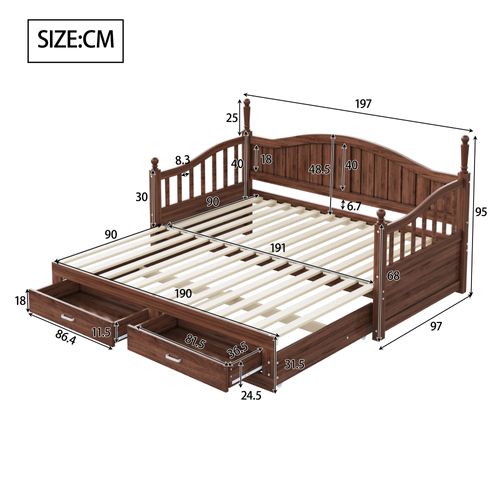 Lit Enfant Gigogne 90/180x190 Cm Extensible En Pin Gris Avec 2 Tiroirs Et Sommier à Lattes