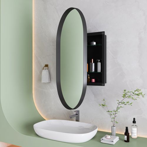 Miroir Avec Armoire De Rangemenr Salle De Bain, Cadre Métal Noir, Étagères Réglables