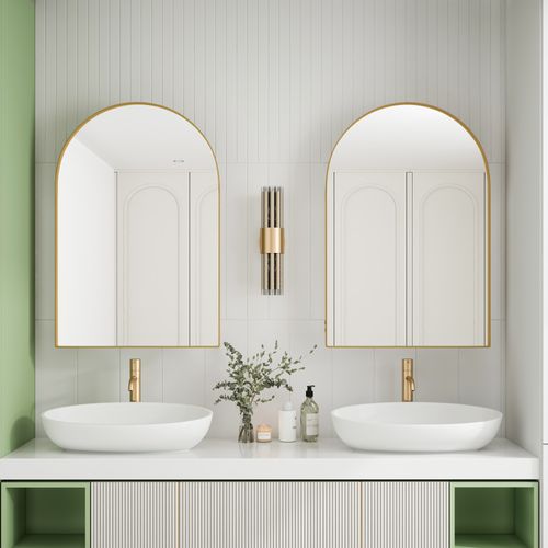 Miroir Avec Rangement Caché, Arquée Métal Doré Salle De Bain Avec Armoire