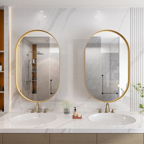 Miroir Avec Armoire De Rangemenr Salle De Bain, Cadre Métal Doré, Étagères Réglables