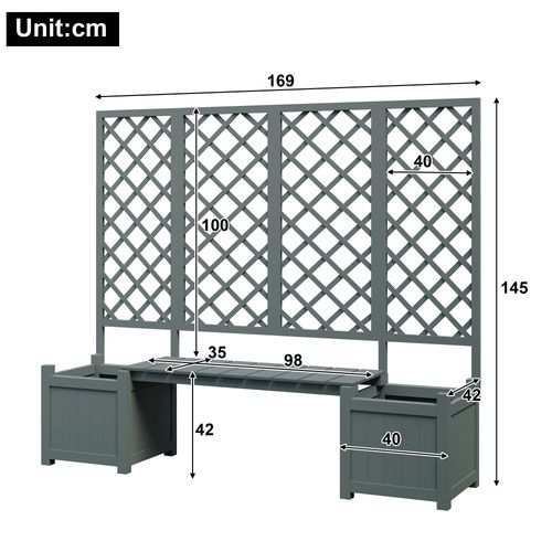 Bac à Plantes, Jardinière Avec Treillis Et Assise En Bois Gris 169x145x42 Cm