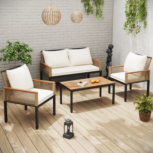 Salon De Jardin Beige En Rotin, 2 Fauteuils, Canapé 2 Places Et Table, Pour 4 Personnes
