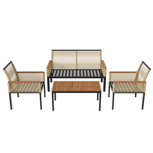 Salon De Jardin Beige En Rotin, 2 Fauteuils, Canapé 2 Places Et Table, Pour 4 Personnes