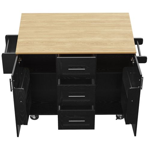 Desserte De Cuisine 135 X 46-74 X 86,6 Cm Avec 3 Tiroirs, Plateau Aspect Bois, Métal Noir, Roulettes