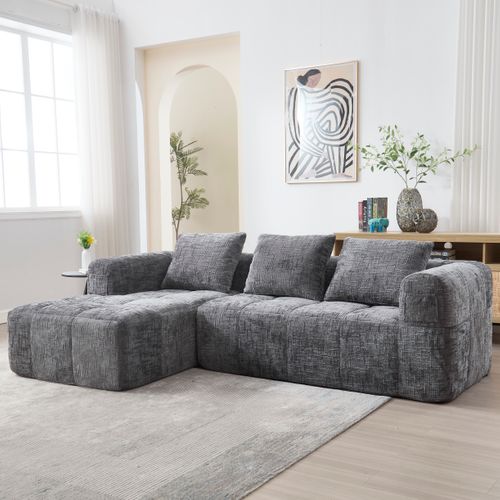 Canapé D'angle 3 Places Modulable 250 Cm En Tissu Chenille Gris, 3 Coussins, Poches Latérales