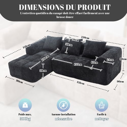 Canapé D'angle 3 Places Modulable 250 Cm En Tissu Chenille Noir, 3 Coussins, Poches Latérales