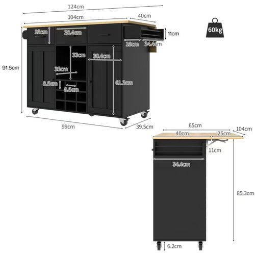 Desserte De Cuisine Pliante Noir Avec 3 Tiroirs, 2 Portes Et Casier à Vin, Sur Roulettes