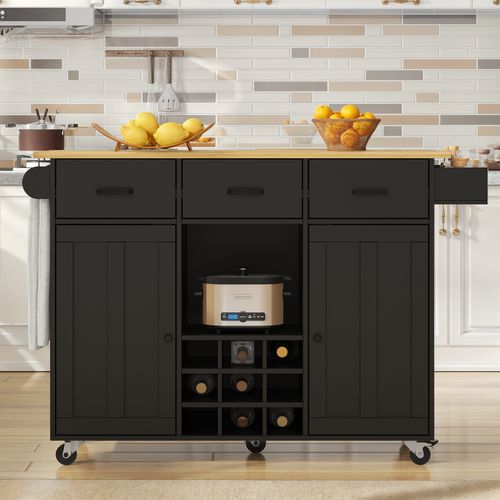 Desserte De Cuisine Pliante Noir Avec 3 Tiroirs, 2 Portes Et Casier à Vin, Sur Roulettes