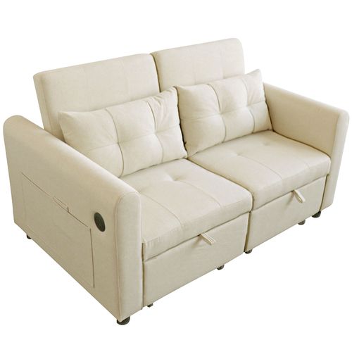 Canapé Convertible 2 Places 142x85x83 Cm, Convertible En L, Ports USB Et Poches, Coton-lin Beige