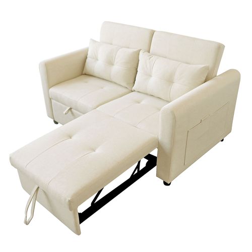 Canapé Convertible 2 Places 142x85x83 Cm, Convertible En L, Ports USB Et Poches, Coton-lin Beige