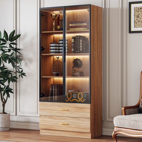 Vitrine Couleur Bois Naturel 170 Cm LED Avec 2 Grands Tiroirs, 2 Portes En Verre Trempé