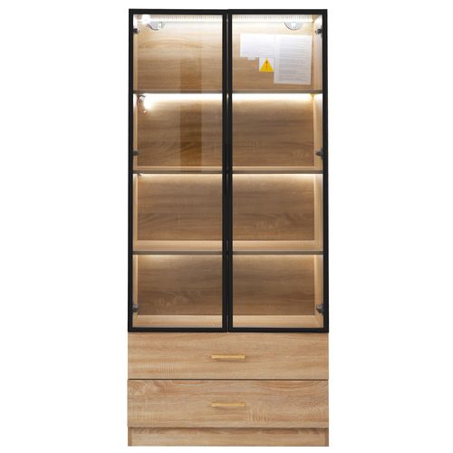 Vitrine Couleur Bois Naturel 170 Cm LED Avec 2 Grands Tiroirs, 2 Portes En Verre Trempé
