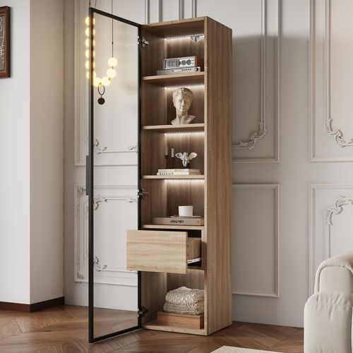 Vitrine Couleur Bois Naturel 165 Cm Avec Porte Vitrée, Tiroir Intégré