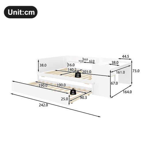Lit Enfant 140x200 Cm Avec Lit Gigogne 90x190 Cm, Bureau Intégré, 3 Étagères, Bois De Pin Blanc