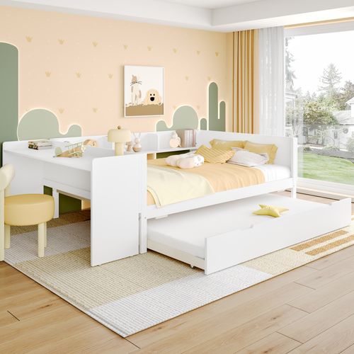 Lit Enfant 140x200 Cm Avec Lit Gigogne 90x190 Cm, Bureau Intégré, 3 Étagères, Bois De Pin Blanc