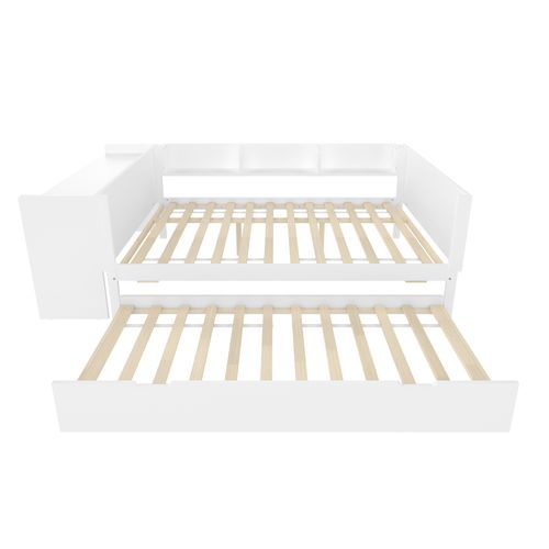 Lit Enfant 140x200 Cm Avec Lit Gigogne 90x190 Cm, Bureau Intégré, 3 Étagères, Bois De Pin Blanc