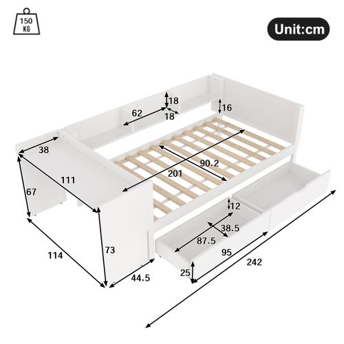 Lit Enfant 90x200 Cm Avec Bureau Intégré, 2 Tiroirs Et Étagères, Pin Blanc