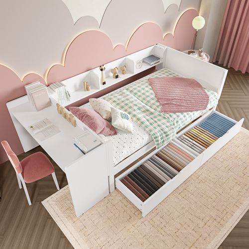 Lit Enfant 90x200 Cm Avec Bureau Intégré, 2 Tiroirs Et Étagères, Pin Blanc