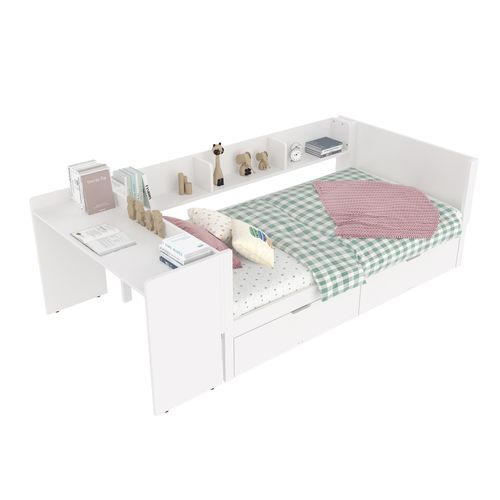 Lit Enfant 90x200 Cm Avec Bureau Intégré, 2 Tiroirs Et Étagères, Pin Blanc
