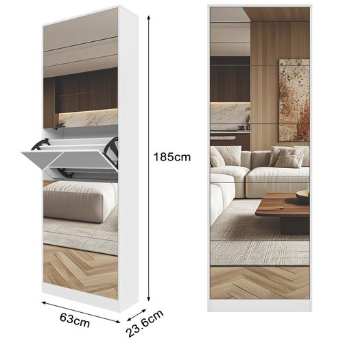 Meuble à Chaussures Miroir Blanc 185 Cm Avec 5 Tiroirs Basculants (30 Paires)