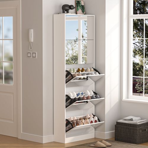 Meuble à Chaussures Miroir Blanc 185 Cm Avec 5 Tiroirs Basculants (30 Paires)