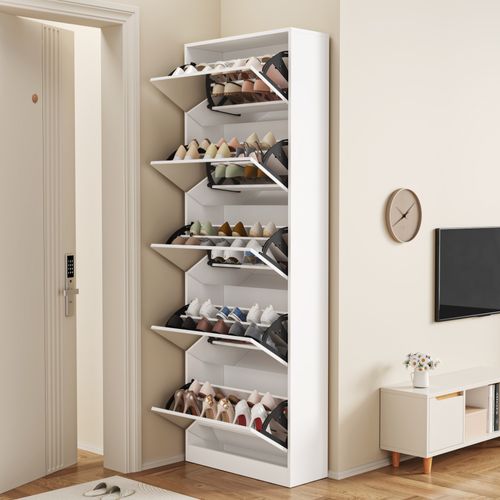 Meuble à Chaussures Miroir Blanc 185 Cm Avec 5 Tiroirs Basculants (30 Paires)
