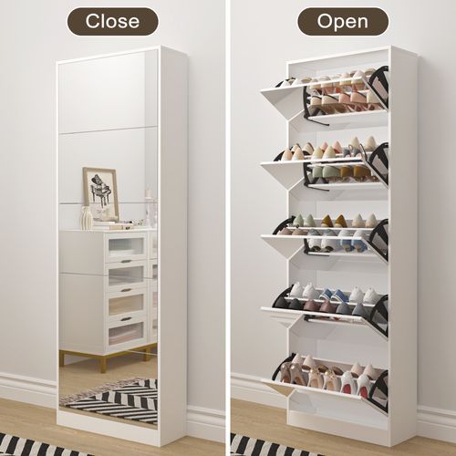 Meuble à Chaussures Miroir Blanc 185 Cm Avec 5 Tiroirs Basculants (30 Paires)
