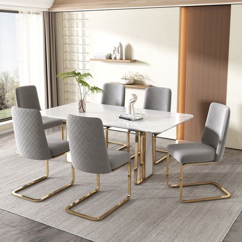 Lot De 4 Chaises Velours Gris, Dossier Losange, Pieds Métal Doré