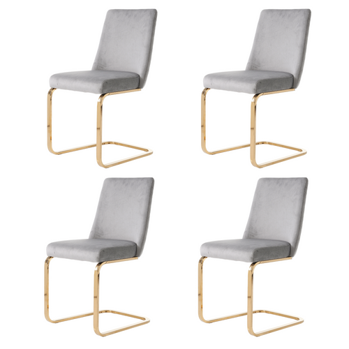 Lot De 4 Chaises Velours Gris, Dossier Losange, Pieds Métal Doré