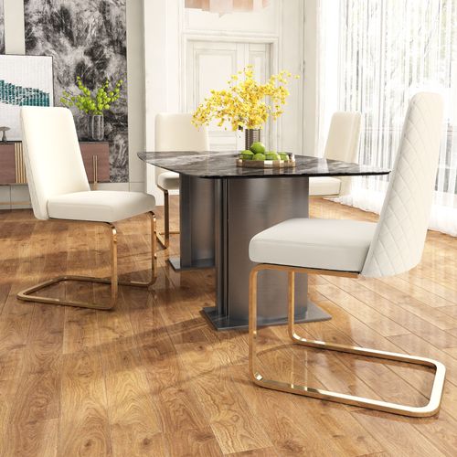 Lot De 2 Chaises En Velours Beige, Dossier Losange, Pieds Métal Doré