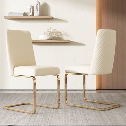 Lot De 2 Chaises En Velours Beige, Dossier Losange, Pieds Métal Doré